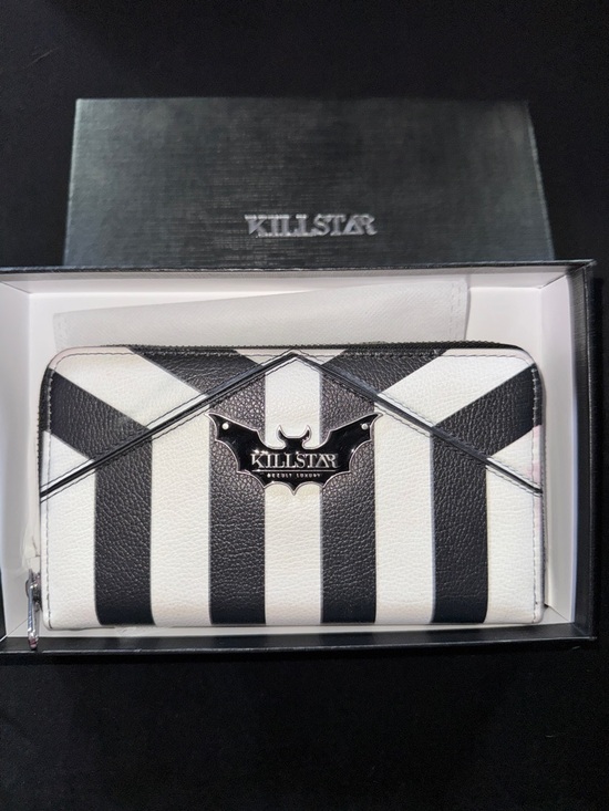 Killstar Accessories - Killstar Black and White Striped Zip-Around Wallet with Bat Emblem